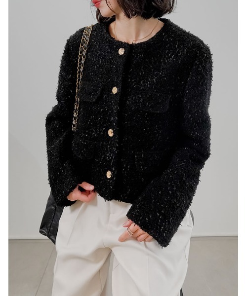 セール】[入卒式 セレモニー]ボアリボン金釦ノーカラーツイード