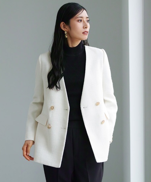セール】【洗える＆防シワ】金ボタンダブルツイードジャケット（ノー