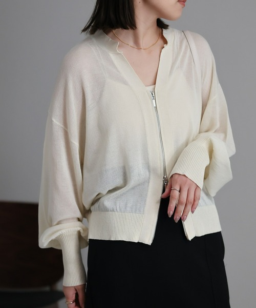 セール】シアーZIPニットカーディガン/ 透かし編みニット