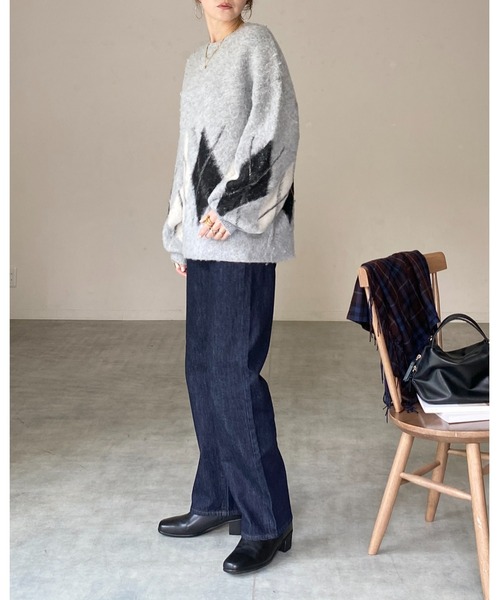 セール】オーバーサイズボリューム袖モヘアタッチアーガイルニット