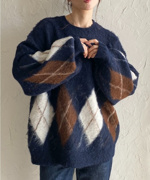 セール】オーバーサイズボリューム袖モヘアタッチアーガイルニット