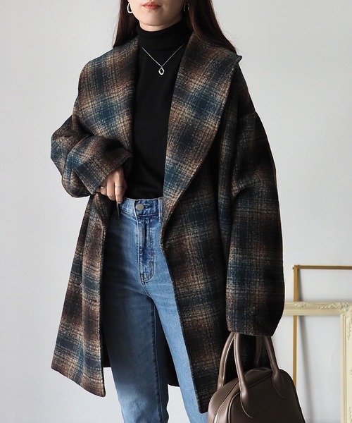 Riberry（リベリー）の「チェック柄 ミドル丈ショールカラーコート