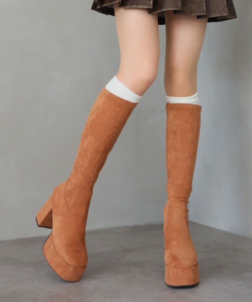 スクエアトゥ厚底プラットフォームストレッチロングブーツ（ブーツ