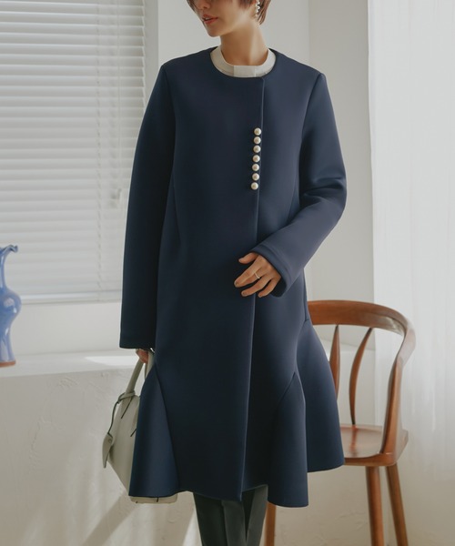 パールデザインダンボールニットフレアコート ｜ レディース アウター