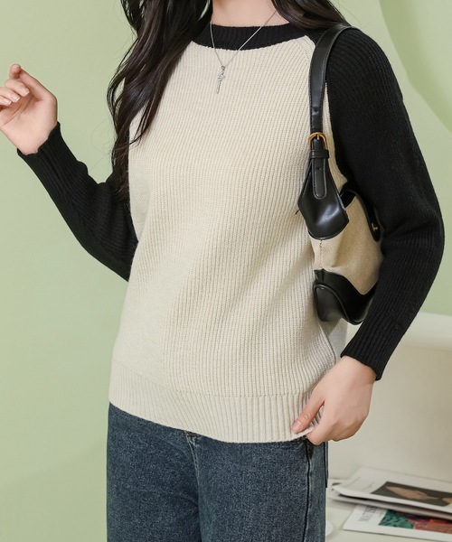 セール】バイカラー ラグラン袖 長袖 ニット プルオーバー（ニット