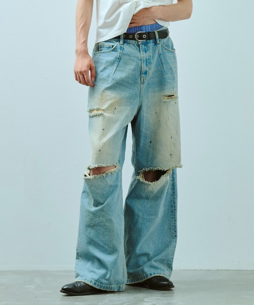 wide baggy broken denim trousers / ワイドバギー汚れ加工ダメージ