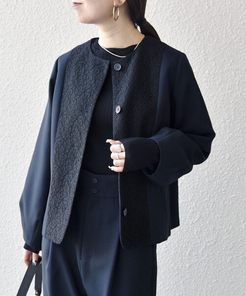 SHIPS any:〈手洗い可能〉ダブルクロス レース 切替 ノーカラー