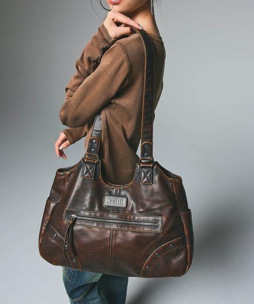 セール】METAL LABEL FAUX LEATHER BAG（ハンドバッグ）｜X-girl