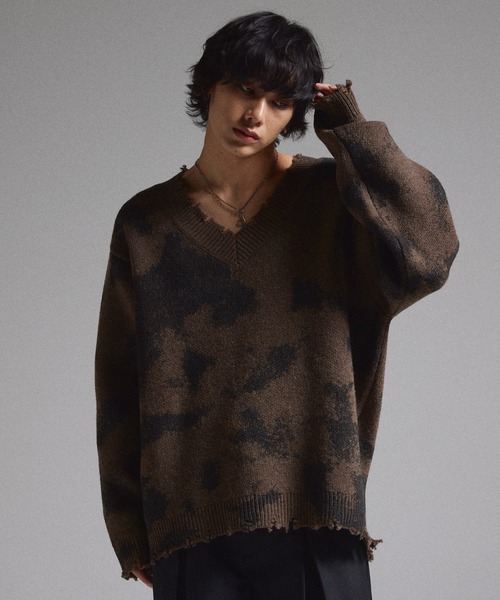 GRANCY】Spray Damaged V-neck Wool Knit / スプレーダメージVネック