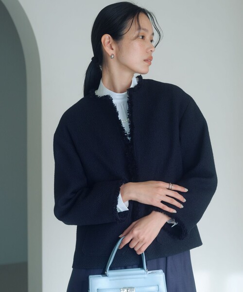 size SHORTあり］ミックス ツイードライク ポケット ノーカラー