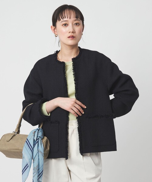 size SHORTあり］ミックス ツイードライク ポケット ノーカラー