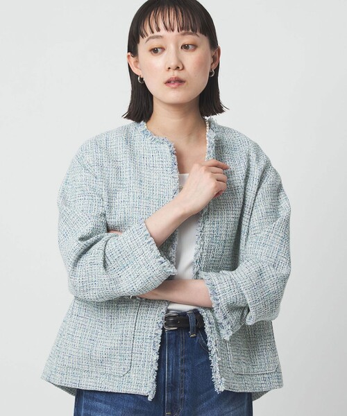 size SHORTあり］ミックス ツイードライク ポケット ノーカラー