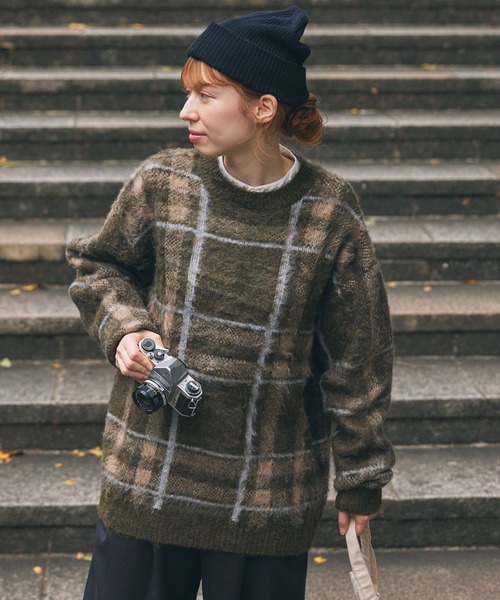 チェック柄 ジャガード オーバーサイズ ニットプルオーバー MONO-MART