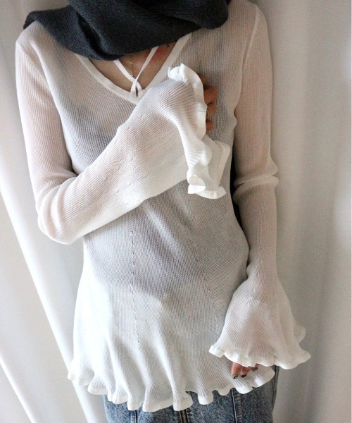 SHEER FRILL V NECK KNIT TOP（ニット/セーター）｜Ameri（アメリ）の