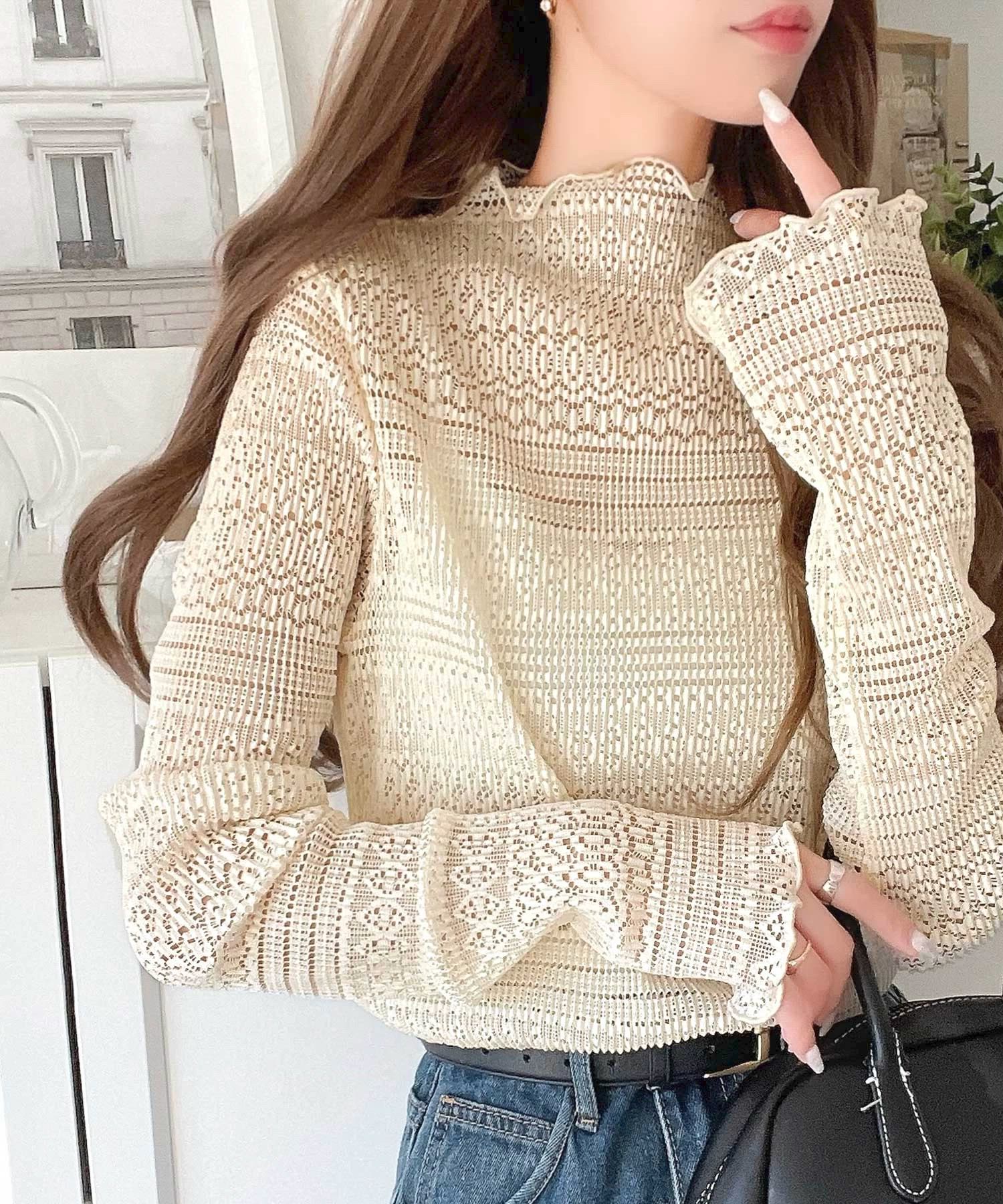 セール】華やかで品格のある大人トップス。レースメローハイネック