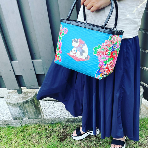 一閑張りバッグ中袋付き 『猫と花シリーズ 青』 浮世絵仕上げ かご