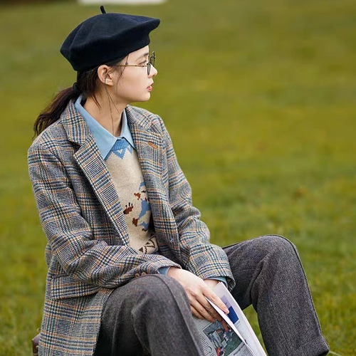 英国スタイルツイードチェック柄 ウール混ジャケット ポケット付き【春