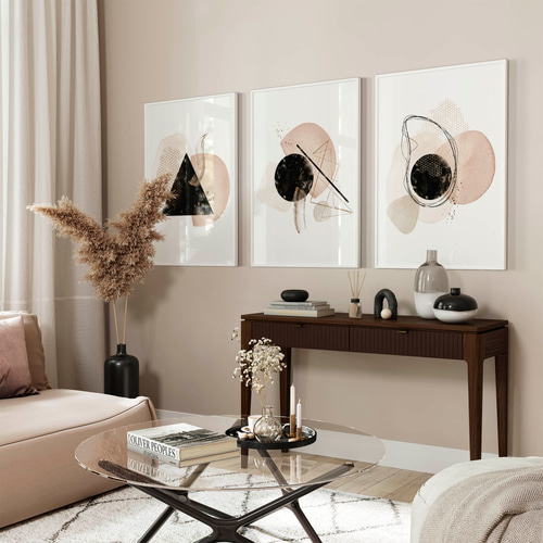 アートポスター 北欧風 抽象画 幾何学 ピンク ブラック ベージュ 水彩