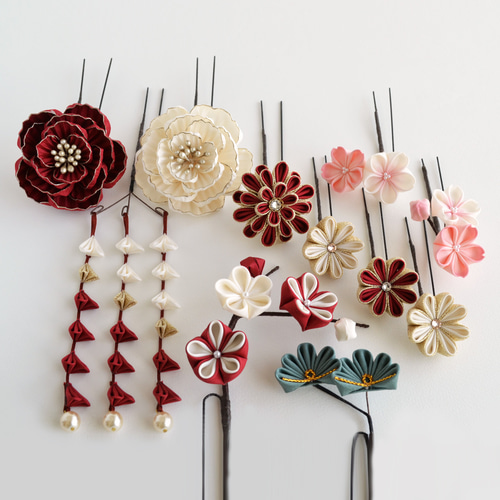 牡丹の花宴✤Uピン11本セット ⊰紅白⊱ つまみ細工 髪飾り 結婚式 成人