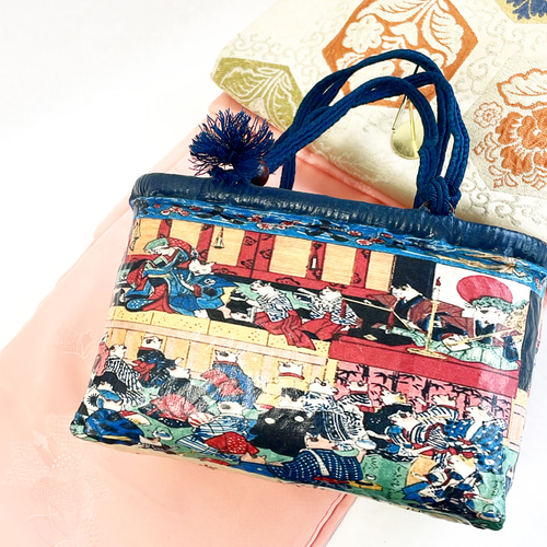 一閑張りバック “志ん板猫乃大寄せ” 浮世絵仕上げ かごバッグ Momo太郎