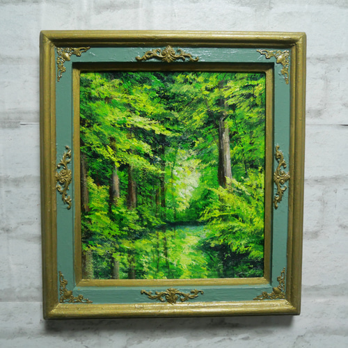 油絵 菅家令子絵 絵画インテリア額付(青緑＋金色の枠)uF6-060603花瓶壺