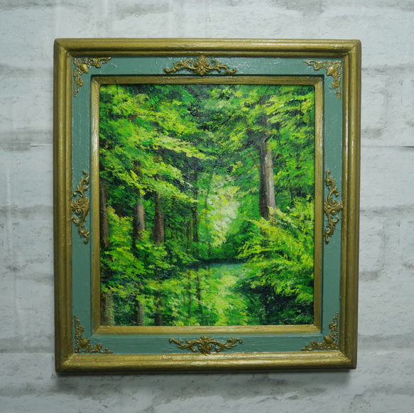 油絵 絵 絵画インテリア 額付(青緑＋金色の枠) uF6-061504 静物果物