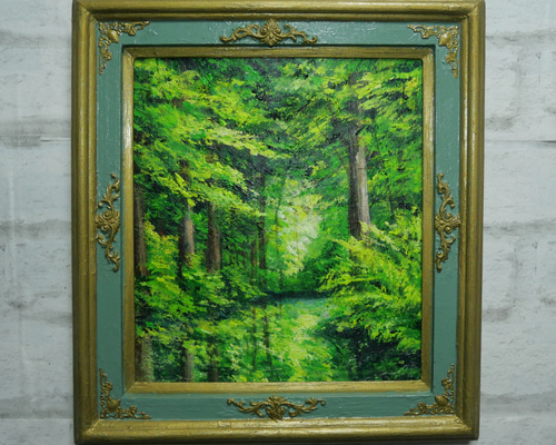 油絵 菅家令子 絵 絵画インテリア額付(青緑＋金色の枠) F4-090316ゆり