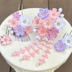 七五三（7歳さん以上向け）桜かんざしセット つまみ細工 ピンク 紫 藤