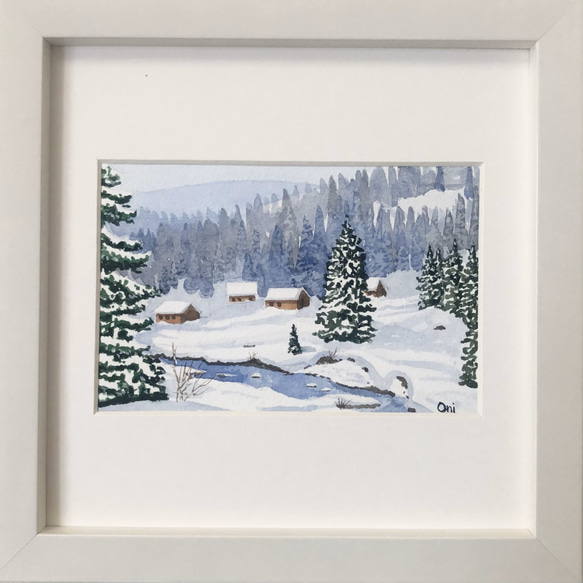 透明水彩画 原画 「雪景色01」額縁付 F4サイズ 風景画 【公式通販】