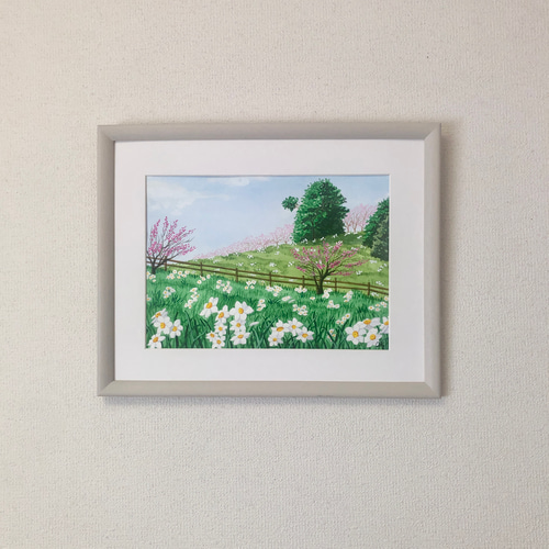 白い水仙と梅の花 」透明水彩画 原画 風景画 額縁付 F4サイズ 絵画 Oni