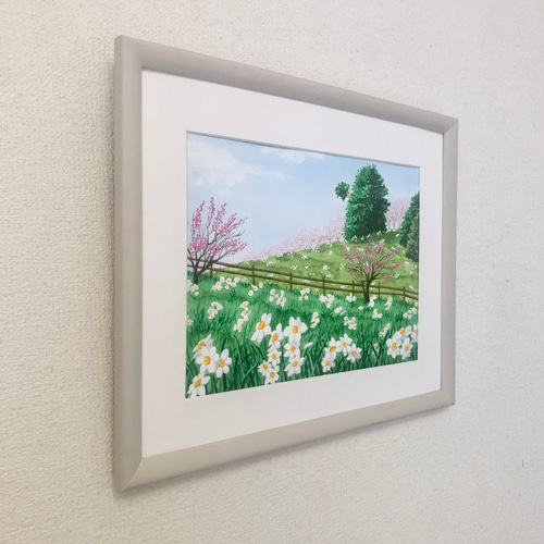 白い水仙と梅の花 」透明水彩画 原画 風景画 額縁付 F4サイズ 絵画 Oni
