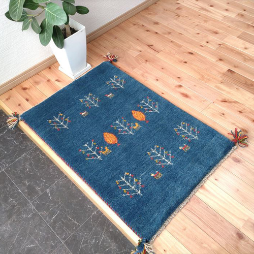大特価40％OFF】ペルシャ ギャッベ 玄関マット 85×58cm ブルー 成I-3