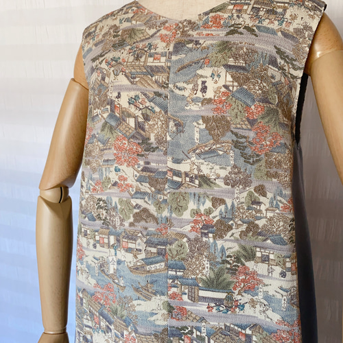 着物リメイク、Sサイズ、青のVネック切り替えワンピース、ちりめん小紋