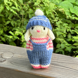 オーバーオール たれ耳うさぎ ピンクボーダー スウェーデン編み人形