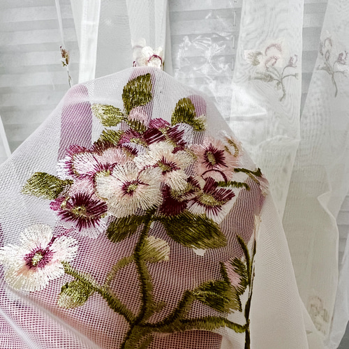 2枚組 レースカーテン 刺繍 サロン 店 ルーム カーテン おしゃれ 花柄