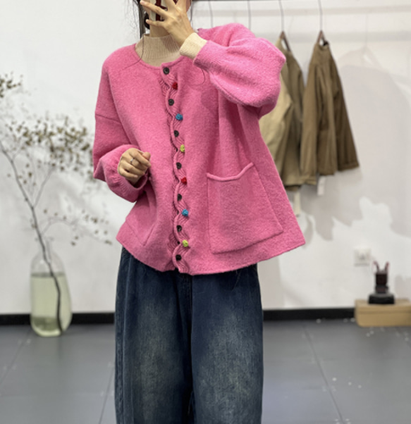 新作)ピンクセーター 手編みセーターニット クルーネックニット