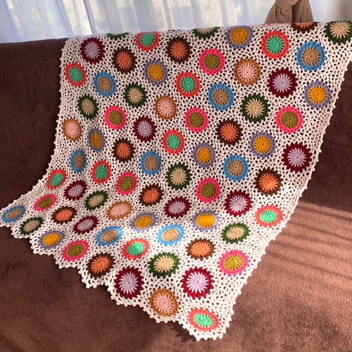 ハンドメイド 手編み かぎ針編み お花モチーフ ブランケット/ひざ掛け
