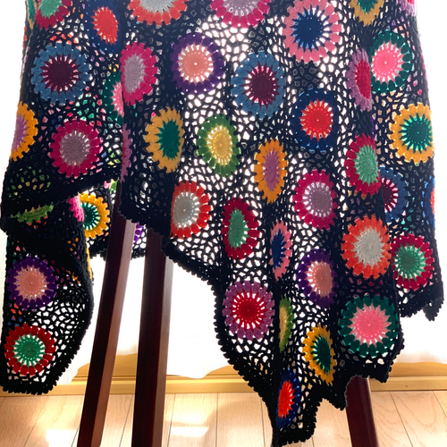 ハンドメイド 手編み かぎ針編み お花モチーフ ブランケット/ひざ掛け