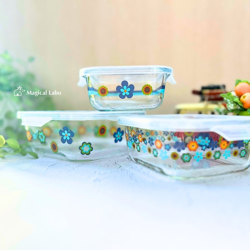 昭和レトロな保存容器大中小3点セット(くすみブルーver)☆耐熱ガラス