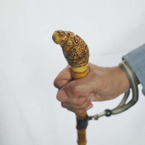 竹杖⑤_根頭曲がり 竹根鞭細工 漆塗り ねぶち 希少 国産 破竹根付