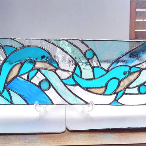 ステンドグラス パネル 立て掛け 「イルカのカップル ☆海のパネル