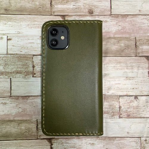 3枚ポケット付き 栃木レザーiPhoneケース オリーブ グリーン