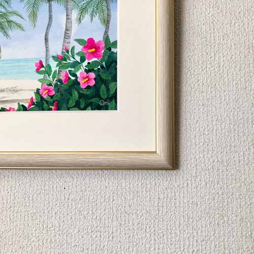 アクリル画 原画 「ハイビスカスの浜辺01」額縁付き SMサイズ 風景画