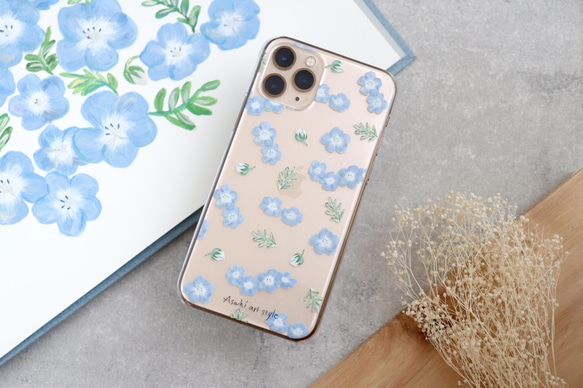 お花のクリアスマホケース ネモフィラ 全機種対応 iPhone17.Android