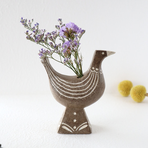 鳥の一輪挿し 鳥の置物 お任せドライフラワー付！ 花器 陶器 黒土