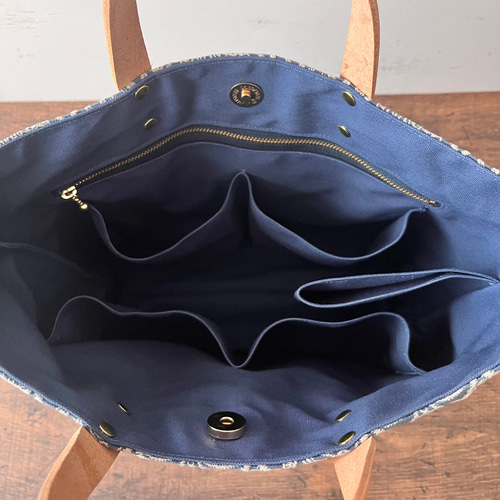 905】ミナペルホネンタンバリンネイビー トートバッグ 持ち手ヌメ革製