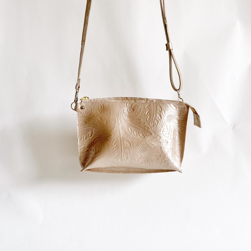 ダブルポシェット ショルダーバッグ 本革 ボタニカル シャンパン