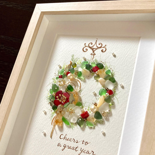 紅白椿のリース シーグラス／天然石／フレームアート／壁掛け／正月