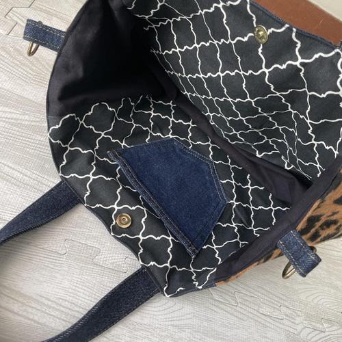 NO.269 デニムリメイクバッグ ヒョウ柄 ハンドメイド リメイク品