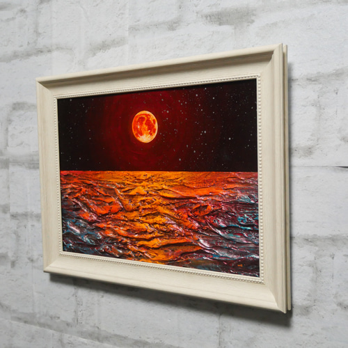 油絵 油彩 油彩画 絵 絵画 【オレンジ色の満月と輝く海】 絵画 HR